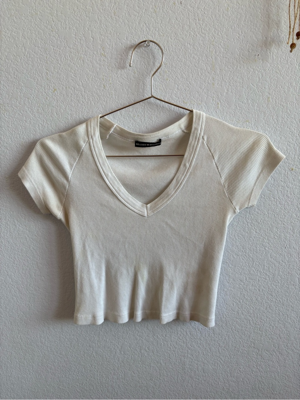 Brandy Melville Cream Ribbed V-Neck Short Sleeve Crop Top
